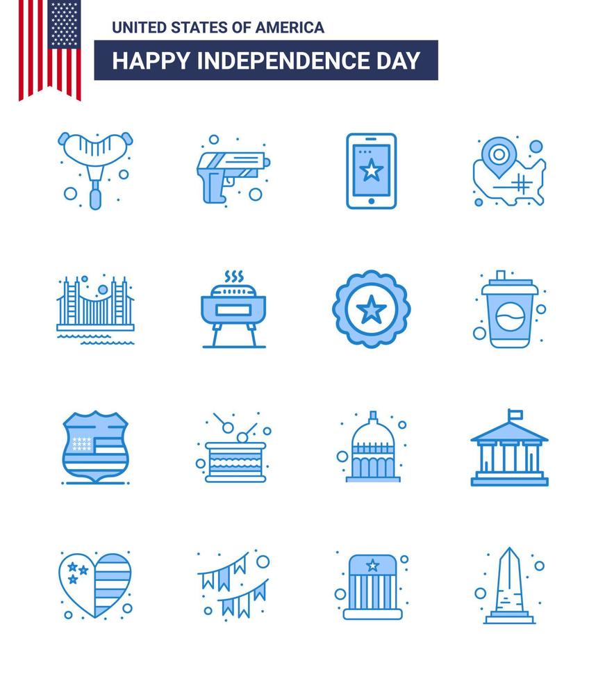 4th July USA Happy Independence Day Icon Symbols Group of 16 Modern Blues of gate location pin phone wisconsin states Editable USA Day Vector Design Elements