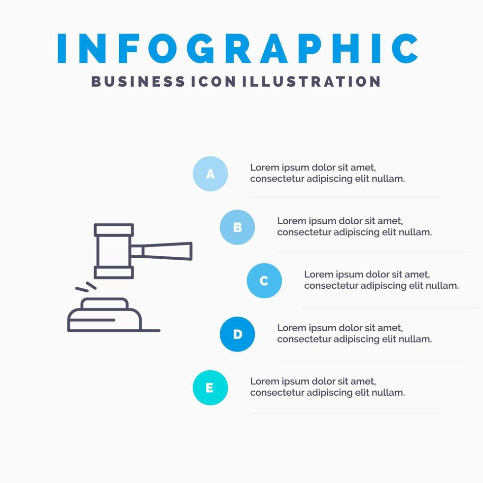 Action Auction Court Gavel Hammer Judge Law Legal Line icon with 5 steps presentation infographics Background vector