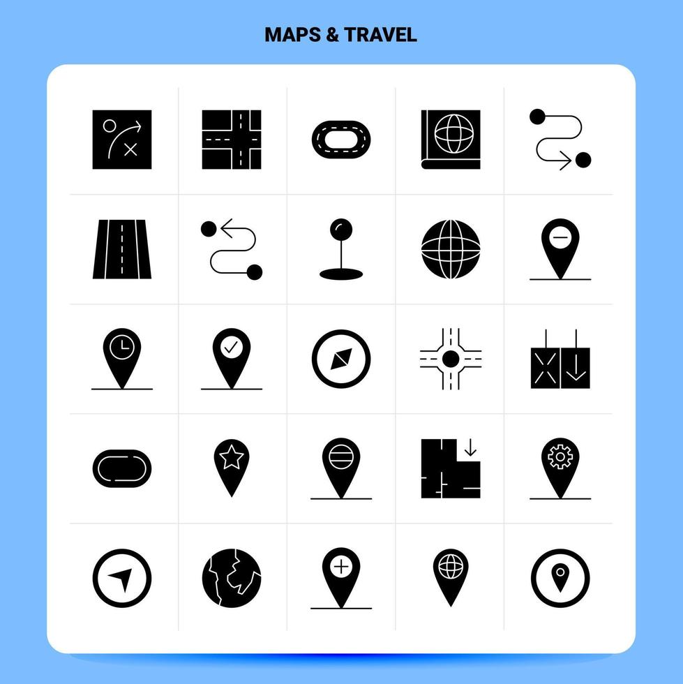 Solid 25 Maps Travel Icon set Vector Glyph Style Design Black Icons Set Web and Mobile Business ideas design Vector Illustration