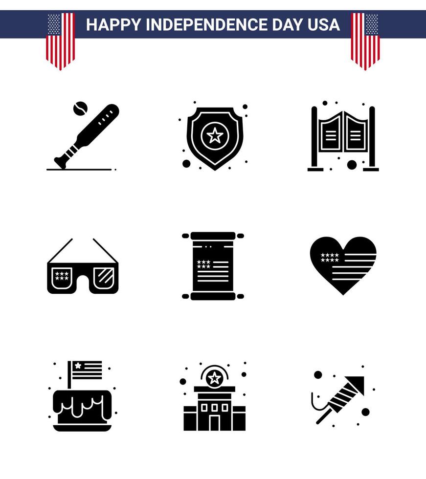 feliz día de la independencia usa paquete de 9 glifos sólidos creativos de pergamino gafas de signo americano elementos de diseño vectorial editables occidentales del día de estados unidos vector