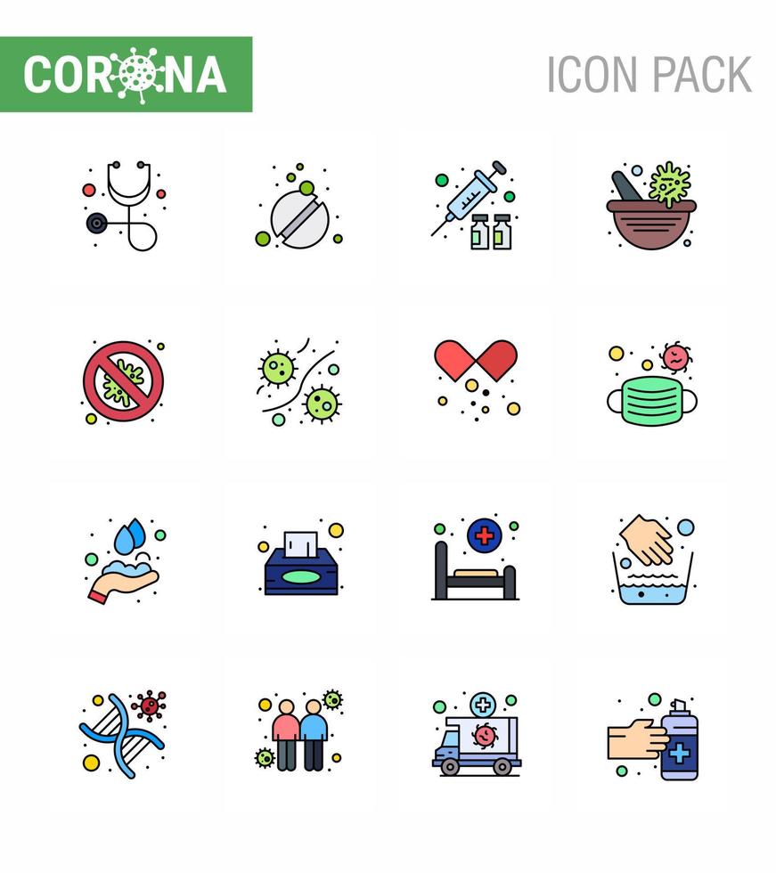 16 Flat Color Filled Line Coronavirus Covid19 Icon pack such as security bacteria protection virus vaccine pharmacy viral coronavirus 2019nov disease Vector Design Elements