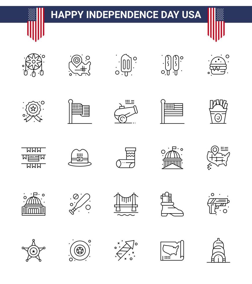 Line Pack of 25 USA Independence Day Symbols of food burger location pin food corn dog Editable USA Day Vector Design Elements