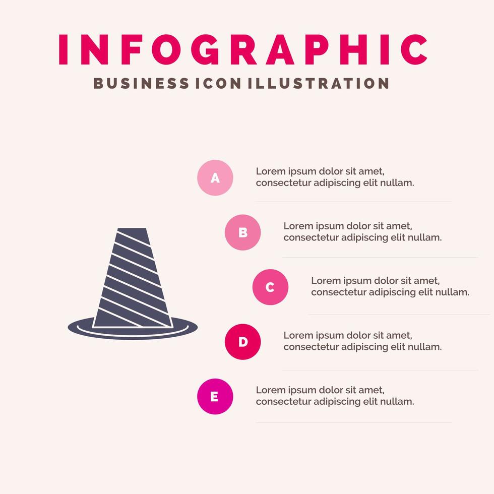 cono protección carretera barricada parada advertencia sólido icono infografía 5 pasos presentación antecedentes vector