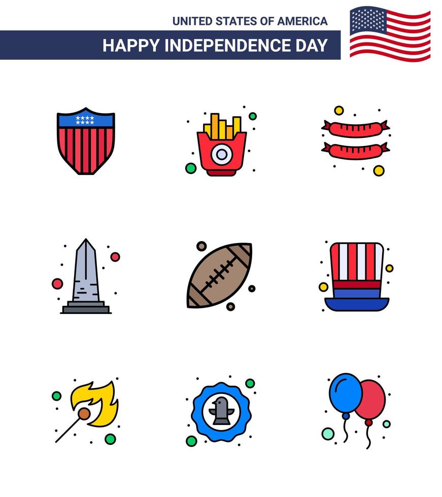 Pack of 9 USA Independence Day Celebration Flat Filled Lines Signs and 4th July Symbols such as footbal washington food usa monument Editable USA Day Vector Design Elements