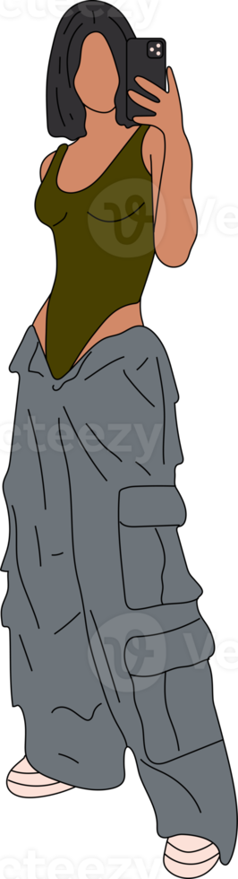 Beautiful young woman in a fashionable clothes military style 90s 2000s in full growth posing takes off herself on a smartphone. Hand drawn sketch png