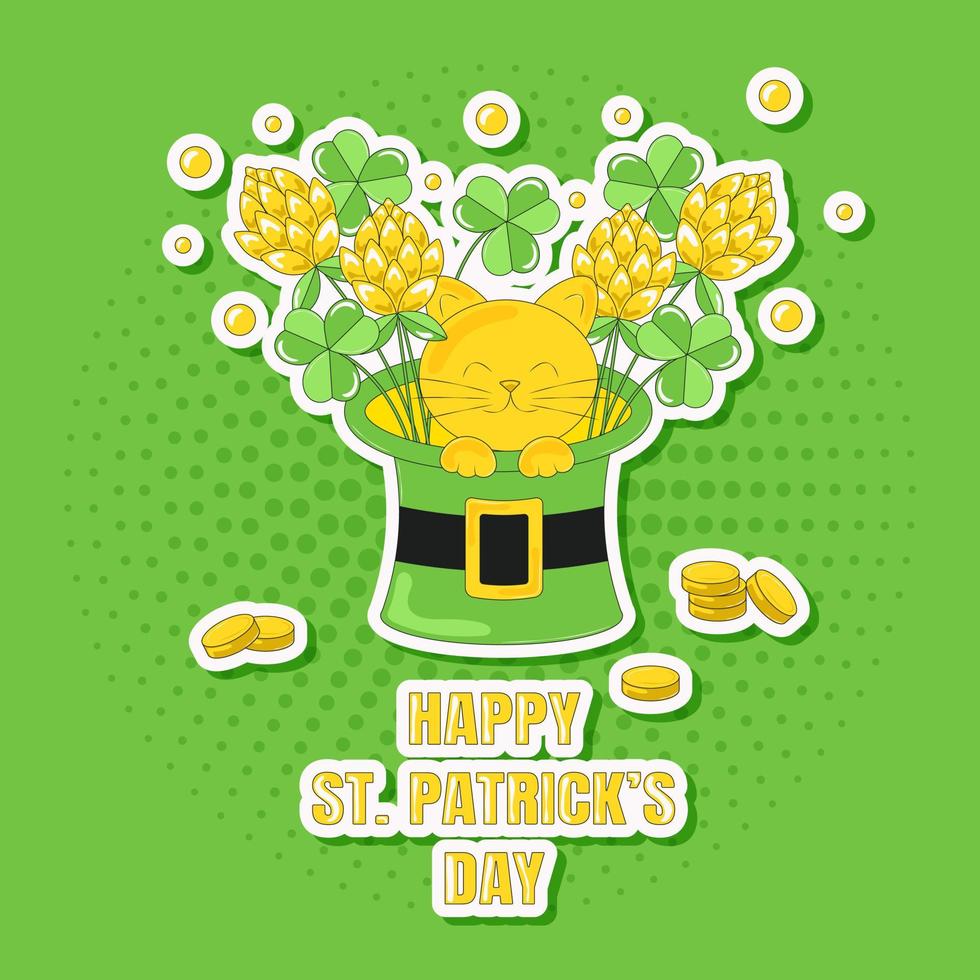 Kitten Sits in a Leprechaun Hat and Bouquets of Clover Card for Saint Patricks Day vector