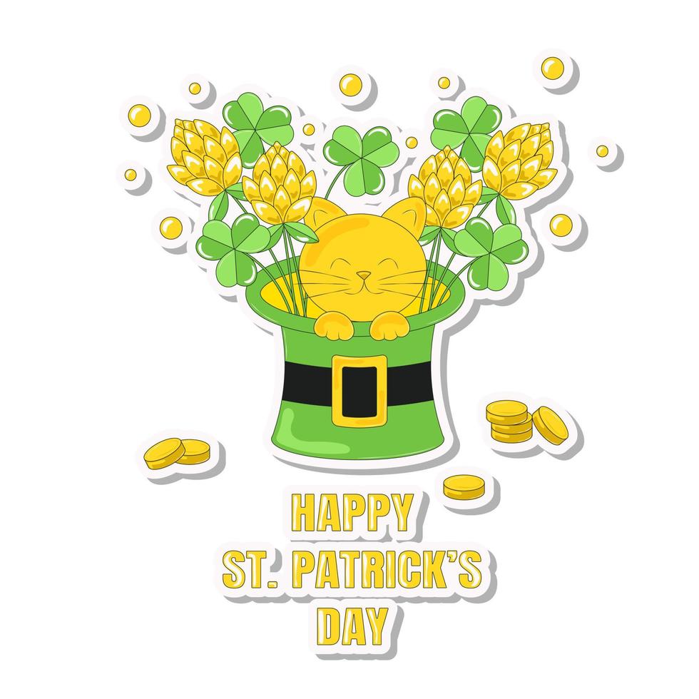 Kitten Sits in a Leprechaun Hat and Bouquets of Clover Sticker for Saint Patricks Day vector