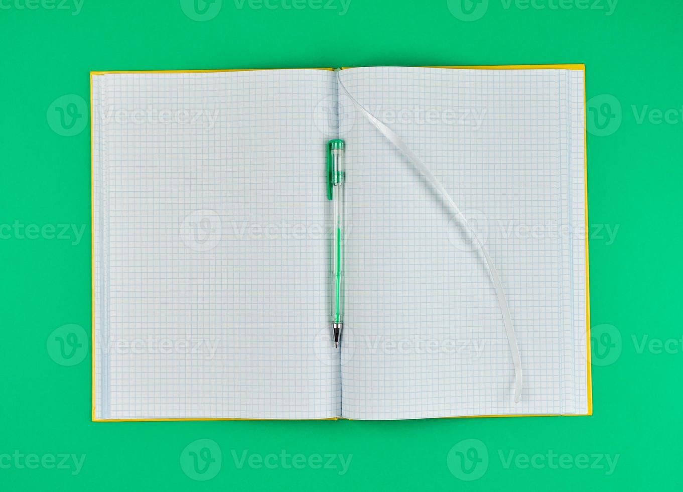open notebook in line and gel pen on a green background photo