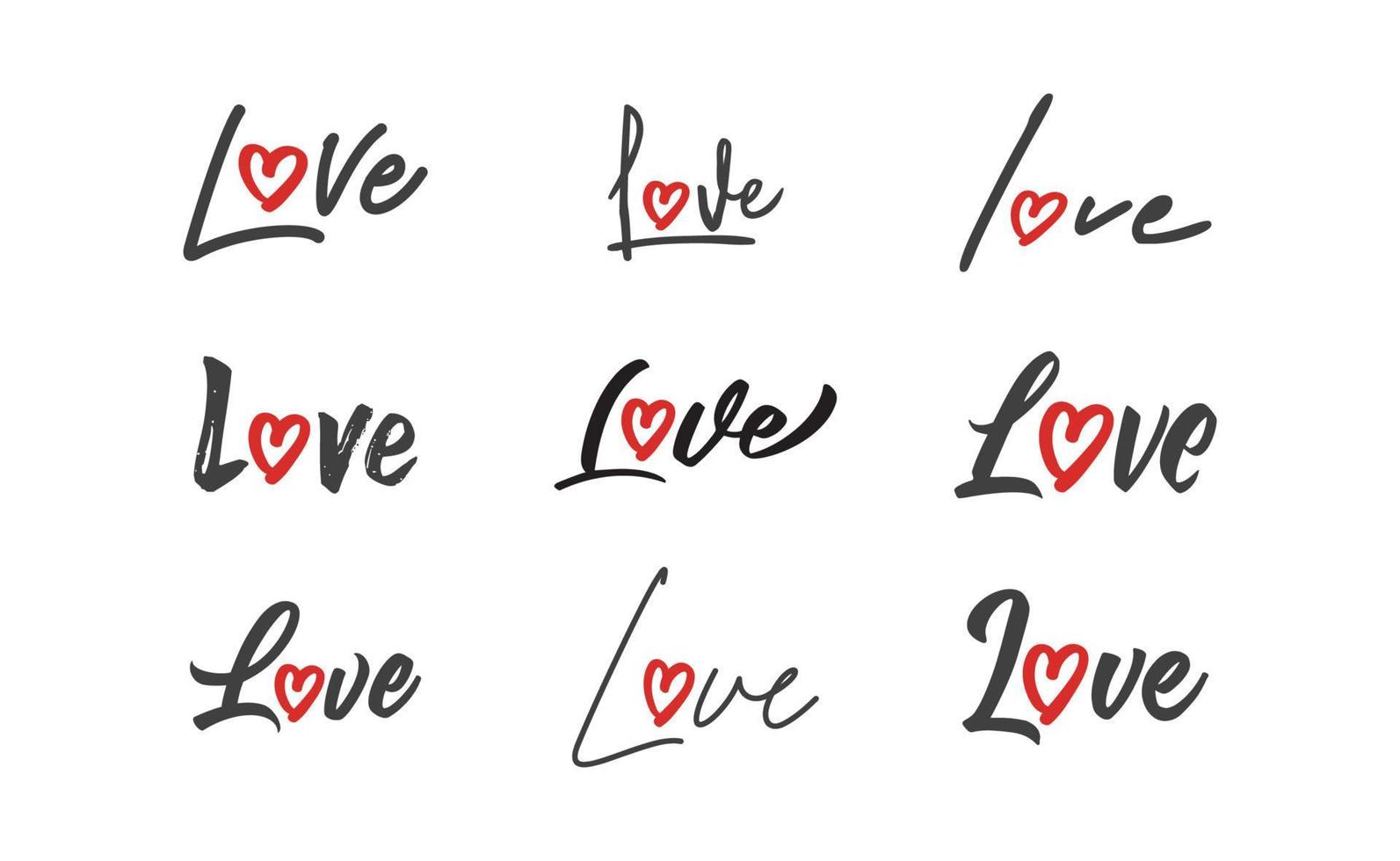 Love lettering with heart shape icon. Hand drawn style romantic card design. vector