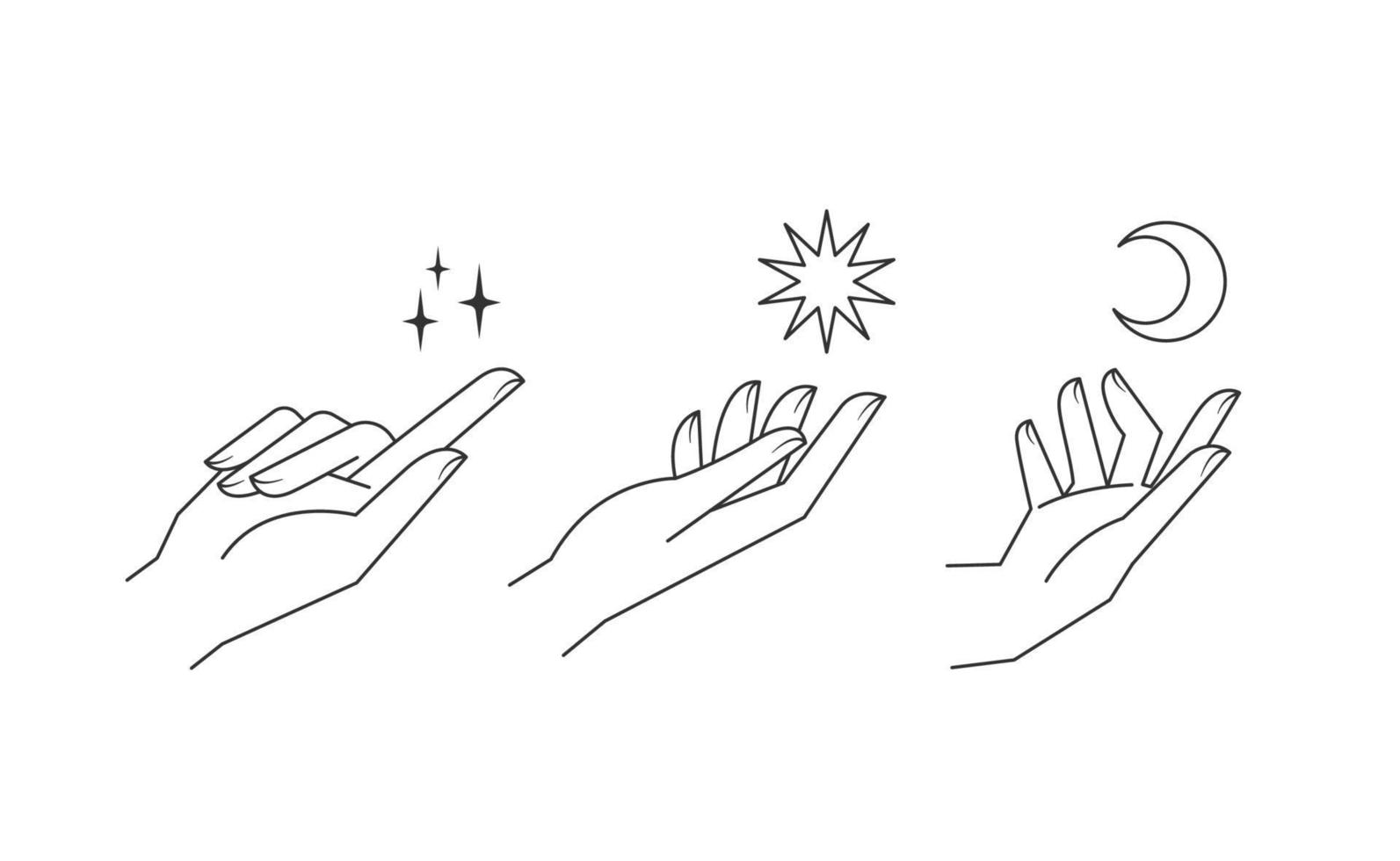 Aesthetic hands vector linear illustrations. Stylized elegant hand drawings with different gestures.