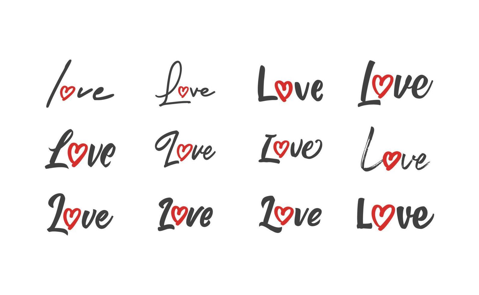 Love lettering with heart shape icon. Hand drawn style romantic card design. vector