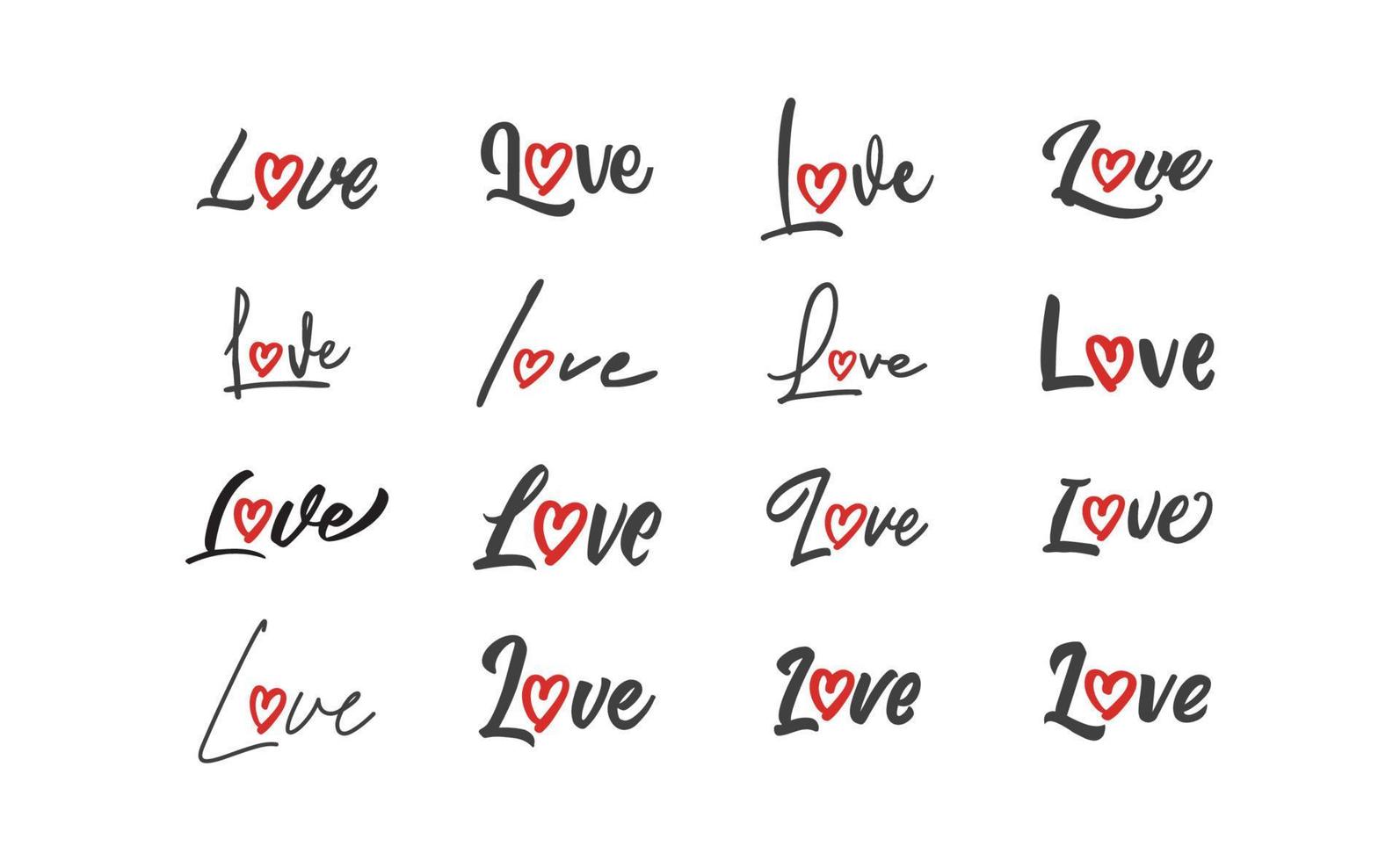 Love lettering with heart shape icon. Hand drawn style romantic card design. vector