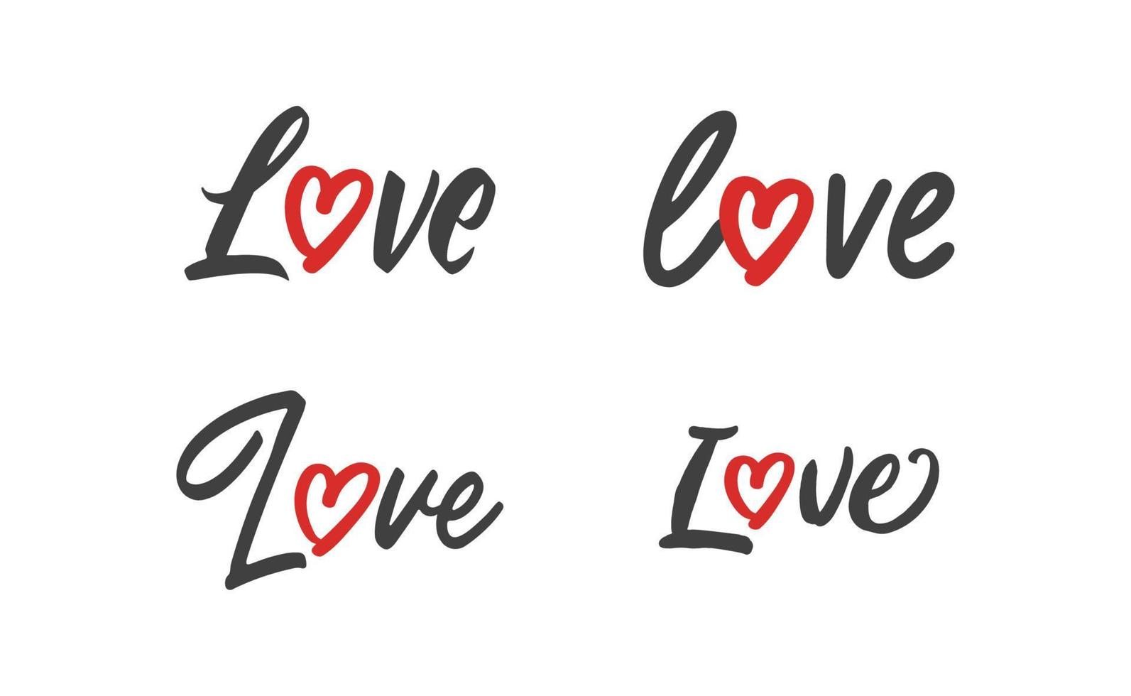 Letras de amor con icono de forma de corazón. diseño de tarjeta romántica de estilo dibujado a mano. vector