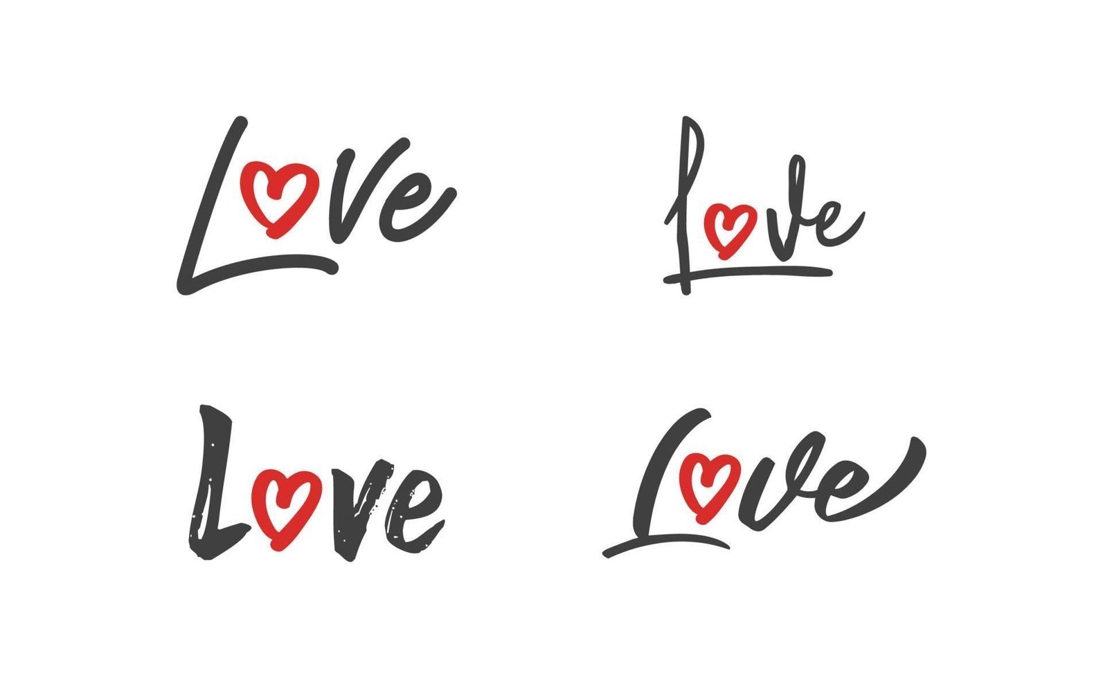 Love lettering with heart shape icon. Hand drawn style romantic card design. vector