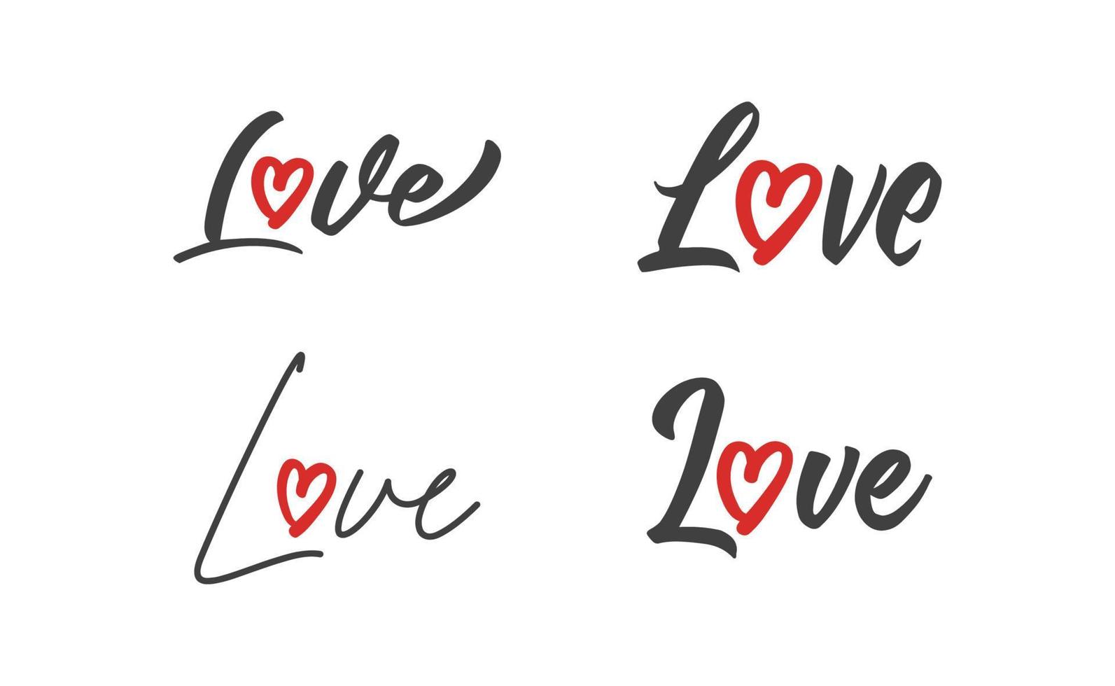 Love lettering with heart shape icon. Hand drawn style romantic card design. vector