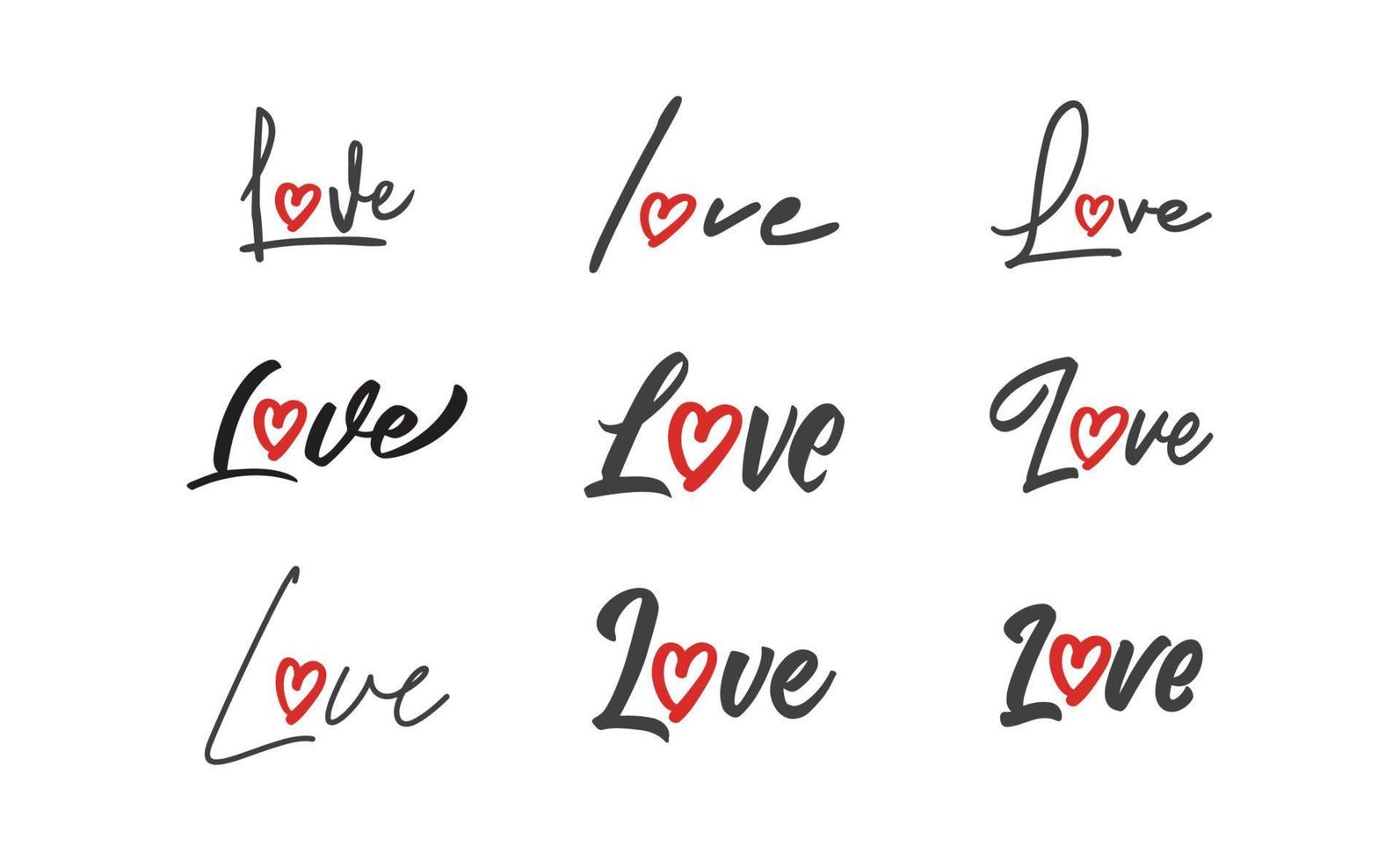 Love lettering with heart shape icon. Hand drawn style romantic card design. vector