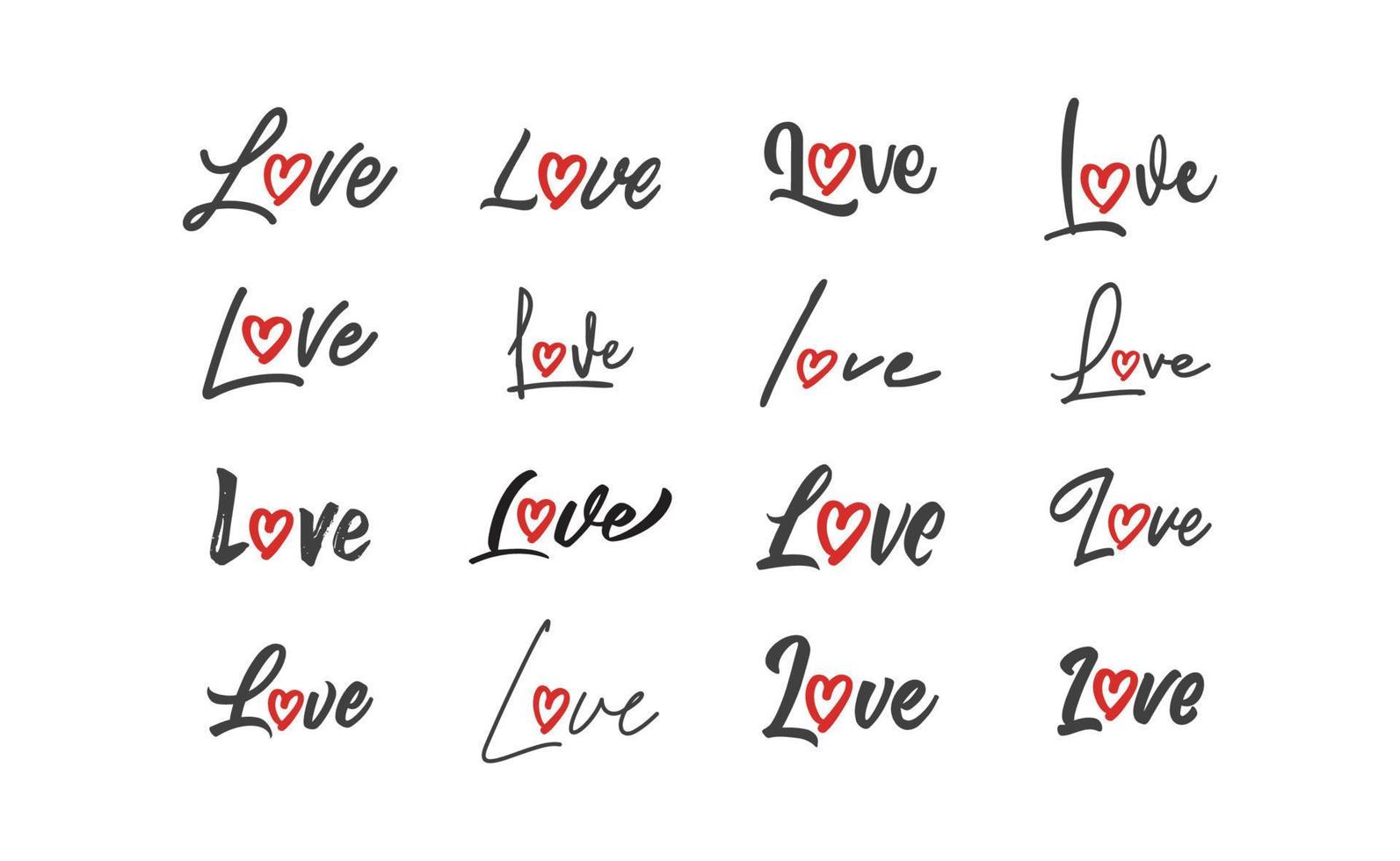 Love lettering with heart shape icon. Hand drawn style romantic card design. vector