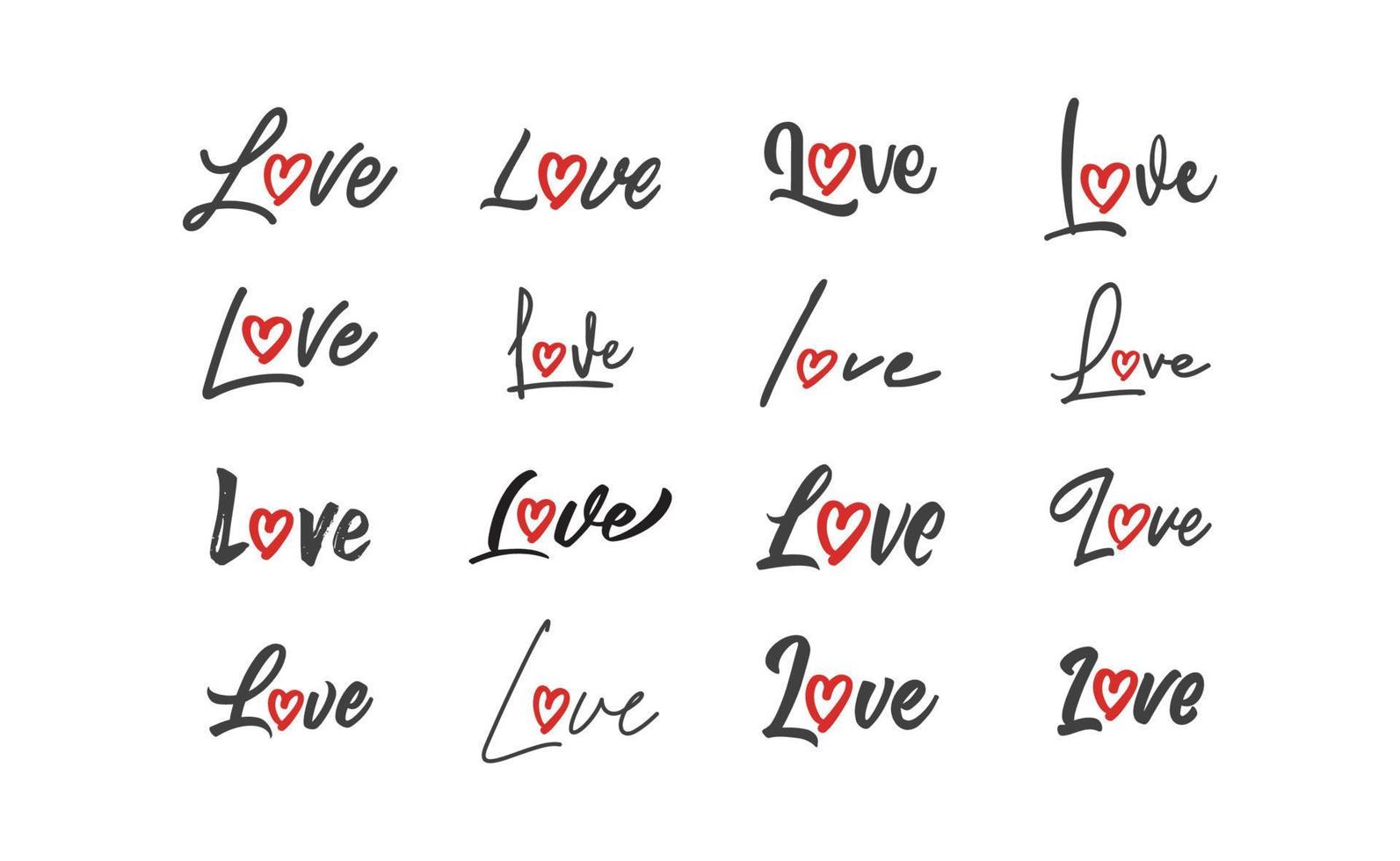 Letras de amor con icono de forma de corazón. diseño de tarjeta romántica de estilo dibujado a mano. vector