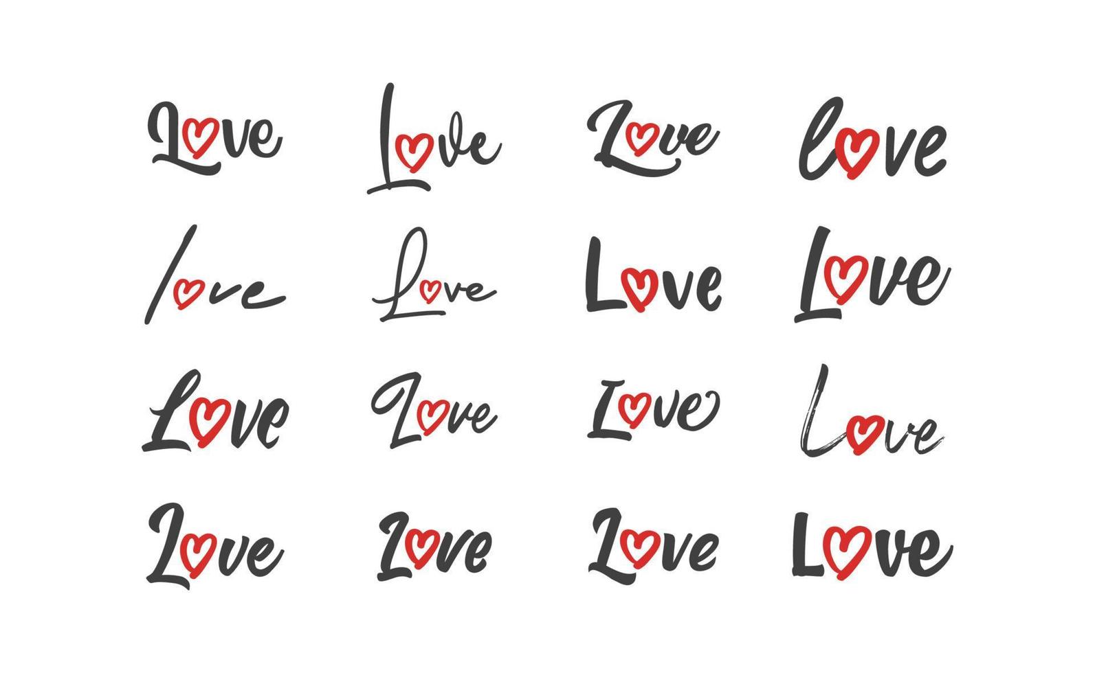 Love lettering with heart shape icon. Hand drawn style romantic card design. vector