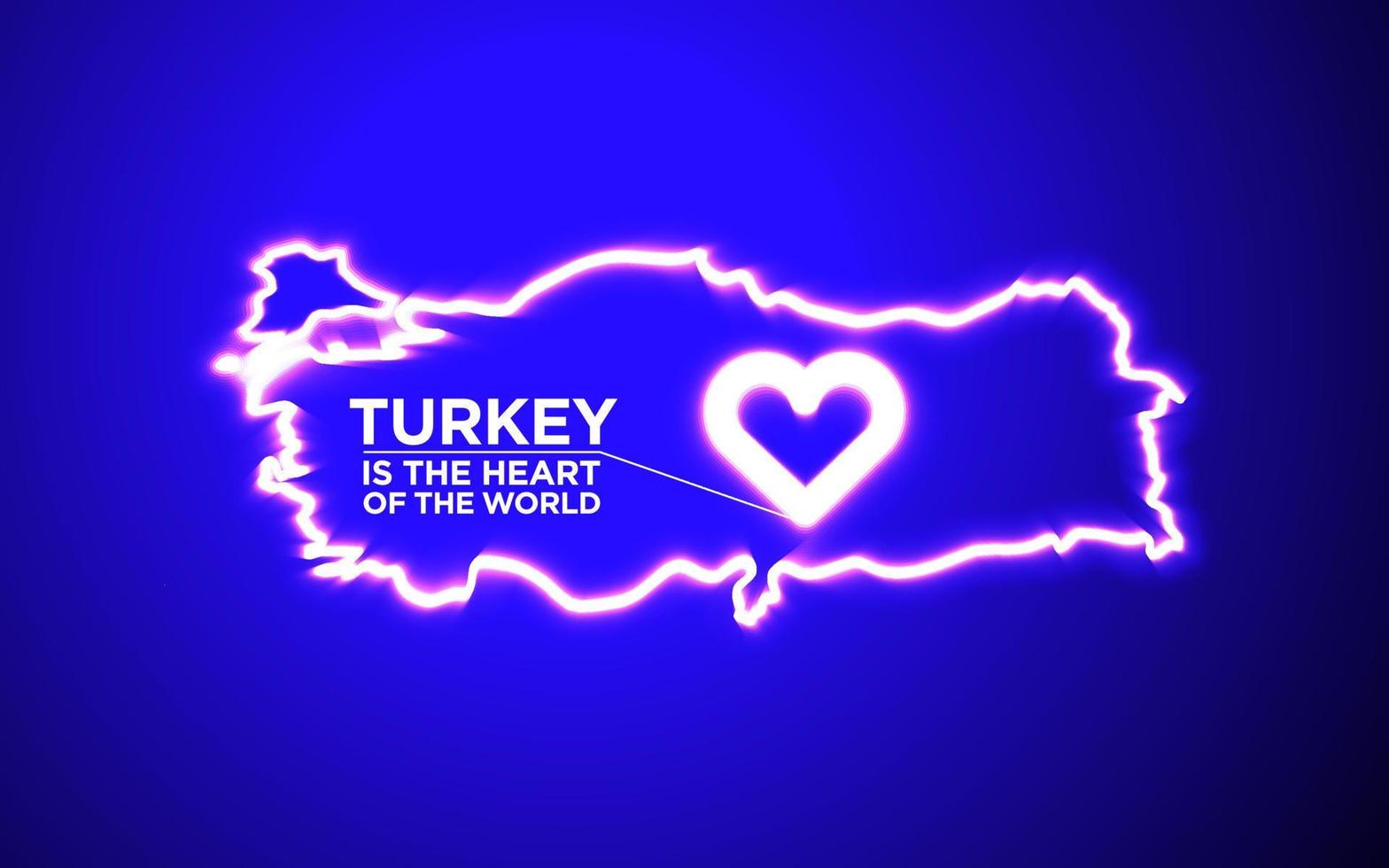 diseño de corazón de neón, Turquía es el corazón del mundo. grandes terremotos, inundaciones, tormentas y desastres. vector