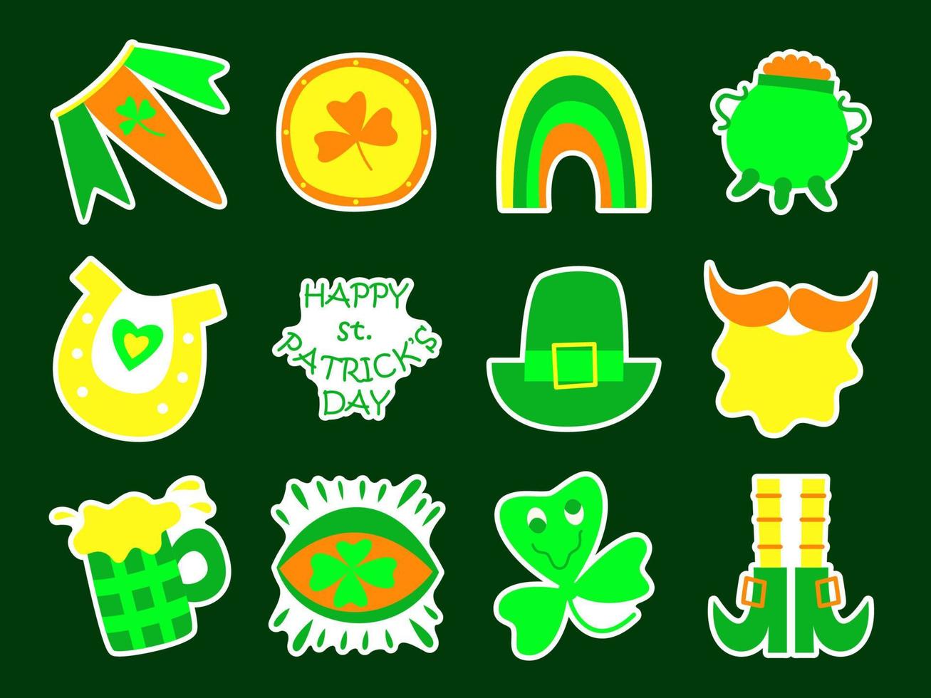 pegatina del día de san patricio en estilo garabato trippy. Linda colección de elementos y símbolos de vacaciones irlandeses brillantes. impresión hippie retro y2k de moda. plantilla de vector plano para logotipo, icono, etiquetas, banner, tarjeta