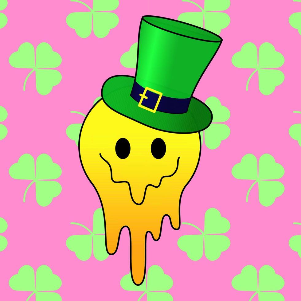 sonrisa derretida o goteante con un sombrero verde de duende. emoticono sonriente brillante para el día de san patricio en el fondo repetido. celebración de vacaciones irlandesas. impresión hippie retro y2k de moda. ilustración vectorial vector