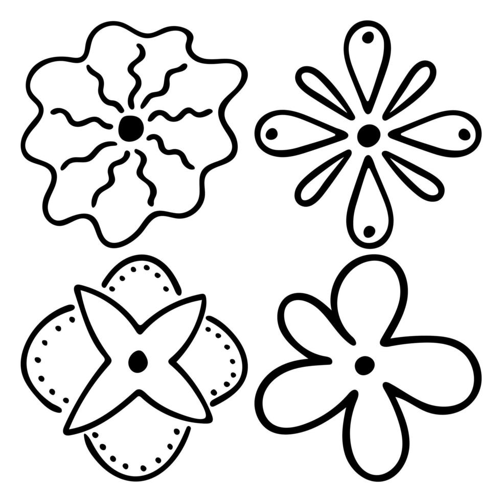 bosquejo garabato contorno flores. dibujo a mano de brotes de plantas durante la floración. siluetas de pétalos. vector aislado.