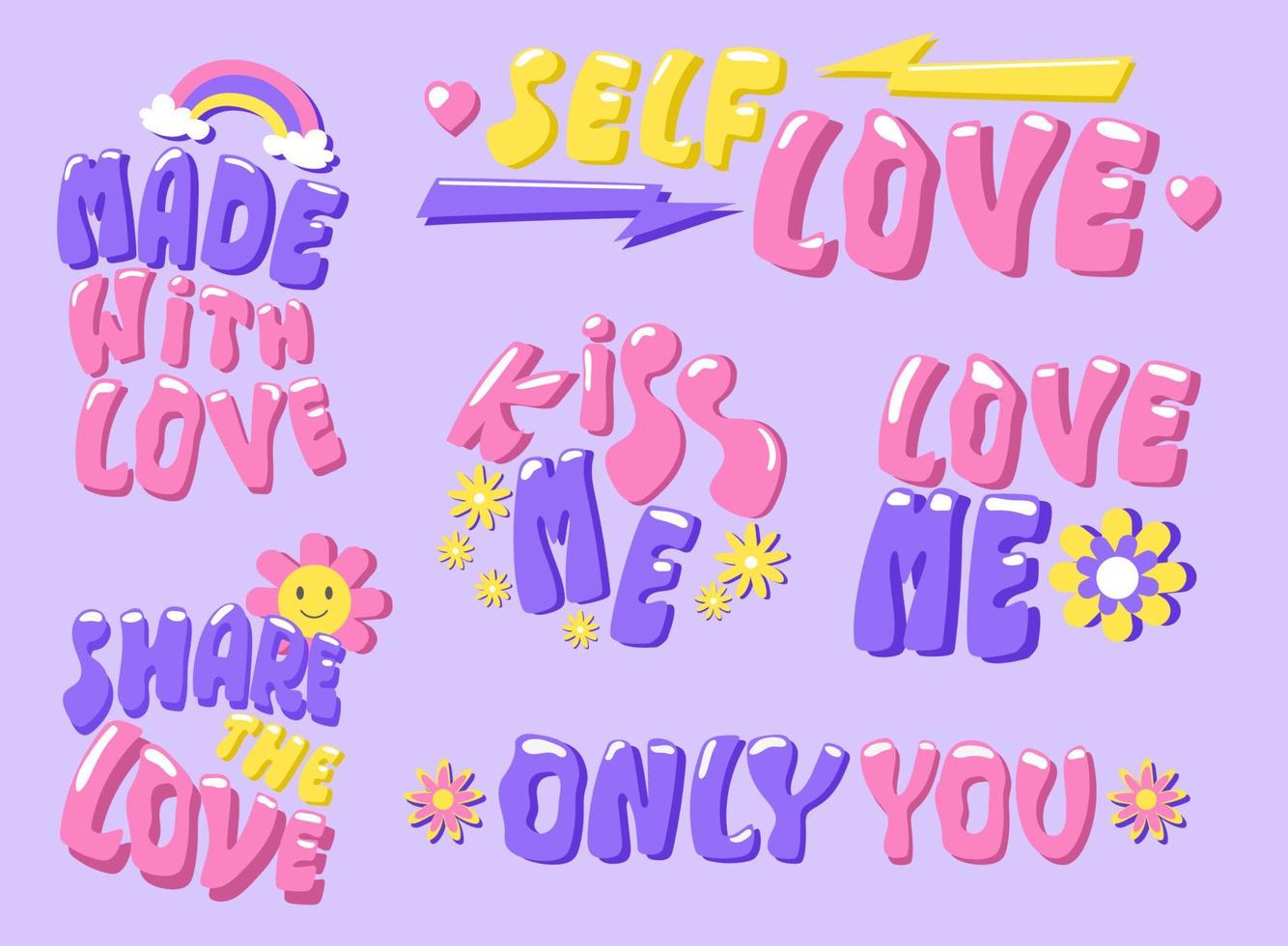 Set of handdrawn short lettering phrases about love. Groovy hippie lettering stickers. vector