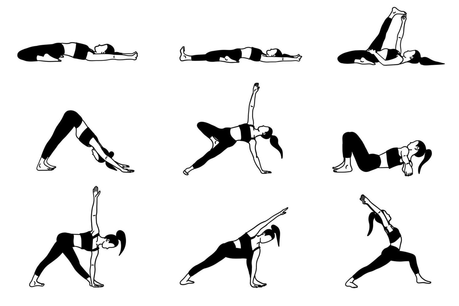colección de posturas de yoga. en blanco y negro. mujer mujer niña. ilustración vectorial en estilo plano aislado sobre fondo blanco. vector