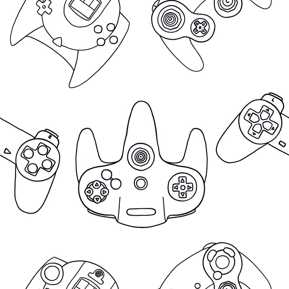 Seamless pattern of game controllers. Vector illustration in hand-drawn outline flat style on white background