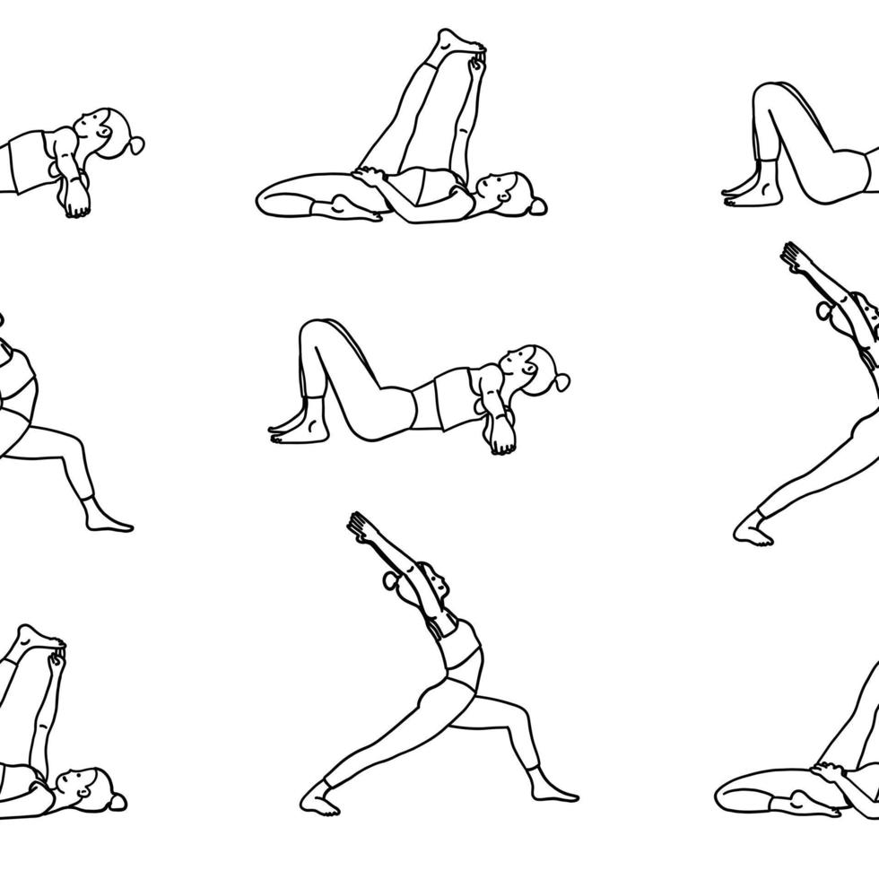 Seamless pattern wallpaper. Yoga poses collection. Black and white. Female woman girl. Vector illustration in outline style isolated on white background.