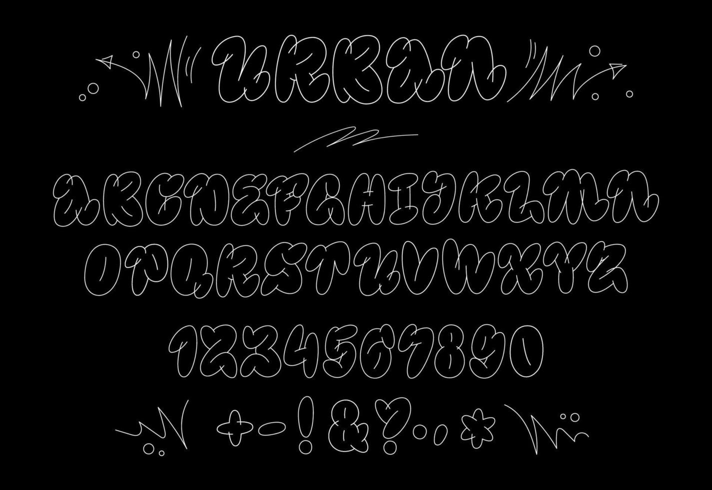 alfabeto de estilo de burbuja de graffiti dibujado a mano. diseño de tipografía de la vieja escuela de moda aislado. concepto monoline blanco creativo sobre fondo negro. fuente de letras vectoriales vector