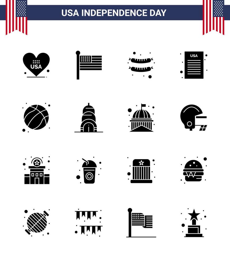 16 Creative USA Icons Modern Independence Signs and 4th July Symbols of usa ball food american declaration of independence Editable USA Day Vector Design Elements