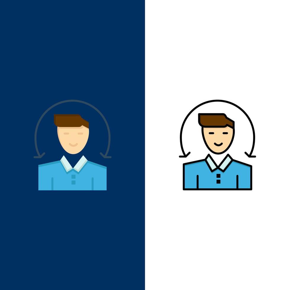 iconos de servicios de cliente masculino de usuario plano y conjunto de iconos llenos de línea vector fondo azul
