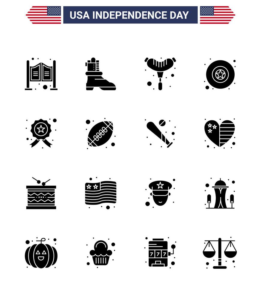 Big Pack of 16 USA Happy Independence Day USA Vector Solid Glyphs and Editable Symbols of ball star frankfurter investigating star Editable USA Day Vector Design Elements