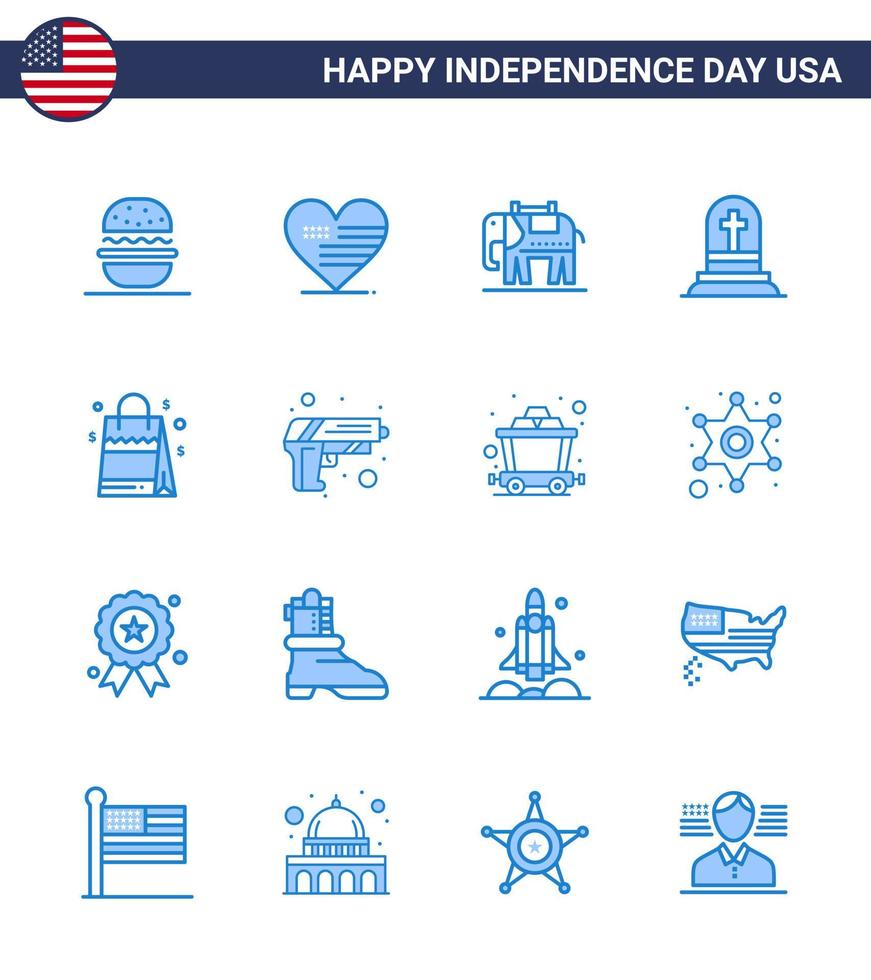 Pack of 16 creative USA Independence Day related Blues of usa bag elephent rip grave Editable USA Day Vector Design Elements