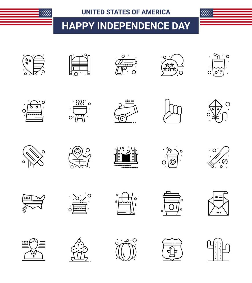 Set of 25 Vector Lines on 4th July USA Independence Day such as glass star entrance usa weapon Editable USA Day Vector Design Elements