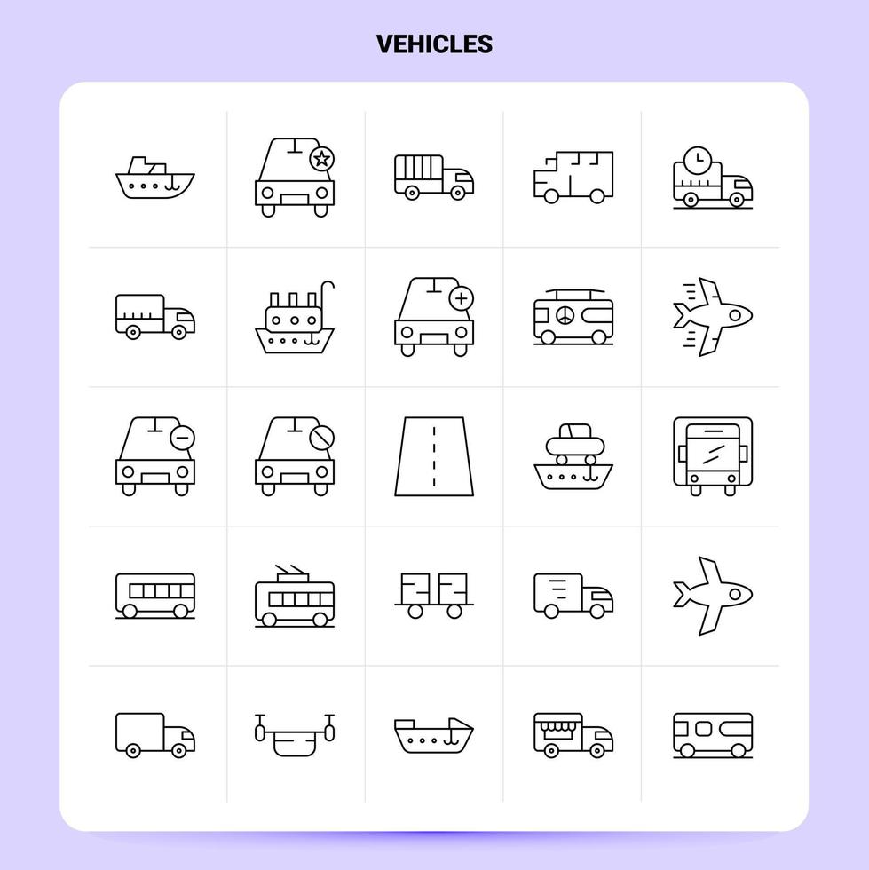 contorno 25 vehículos conjunto de iconos diseño de estilo de línea vectorial conjunto de iconos negros paquete de pictogramas lineales web y diseño de ideas de negocios móviles ilustración vectorial vector