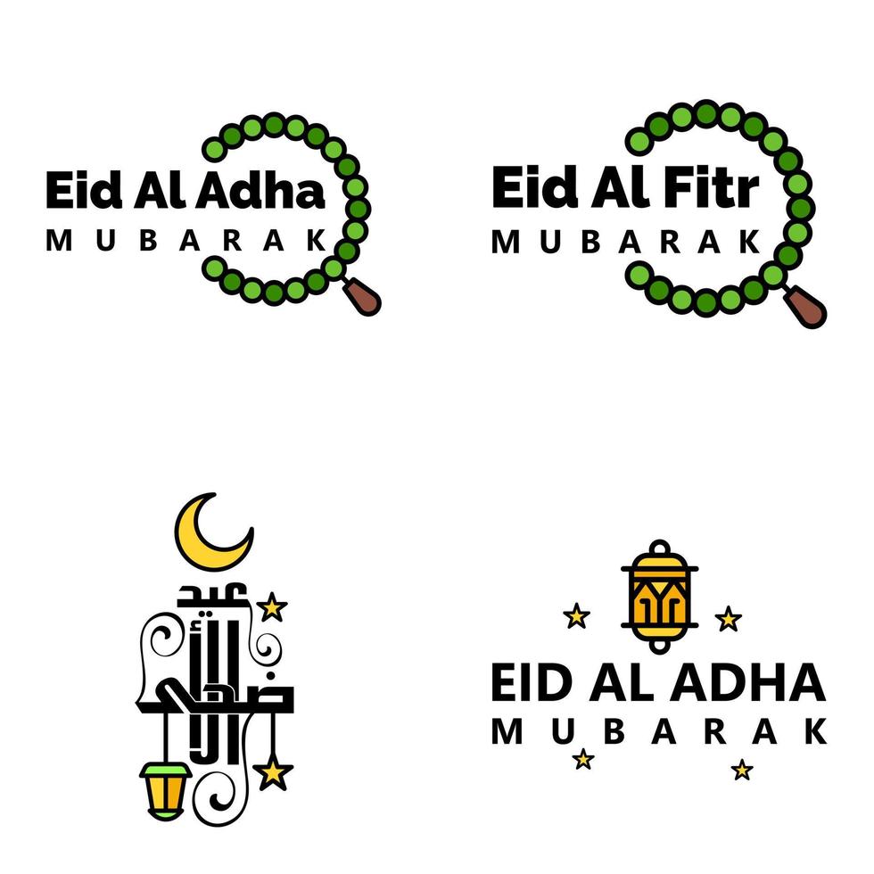 conjunto de 4 vectores eid mubarak feliz eid para ti en estilo de caligrafía árabe escritura rizada con estrellas lámpara luna