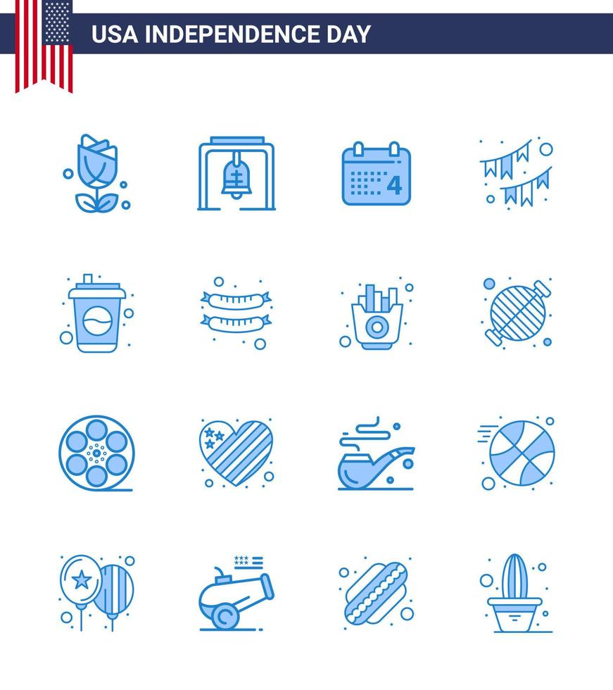 Set of 16 Vector Blues on 4th July USA Independence Day such as bottle party calender decoration american Editable USA Day Vector Design Elements