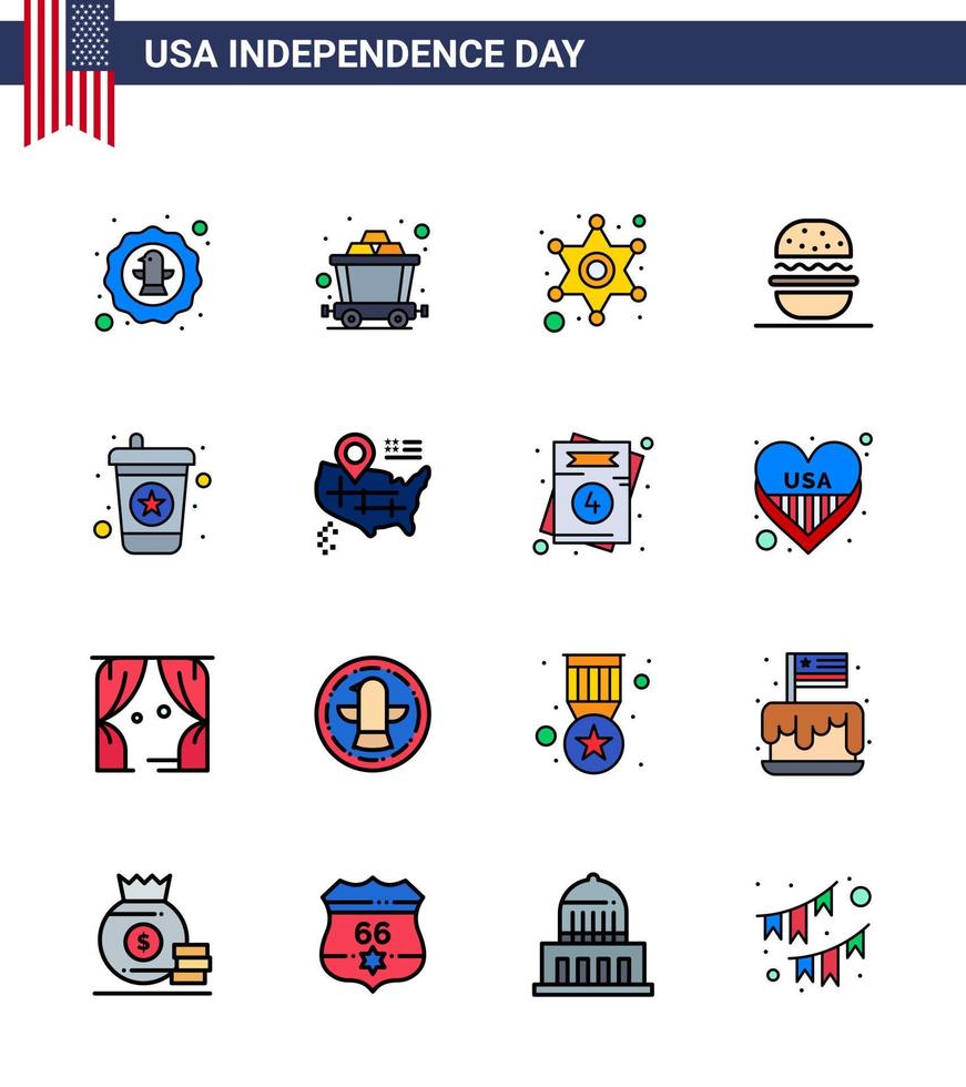 Set of 16 USA Day Icons American Symbols Independence Day Signs for drink usa men american burger Editable USA Day Vector Design Elements