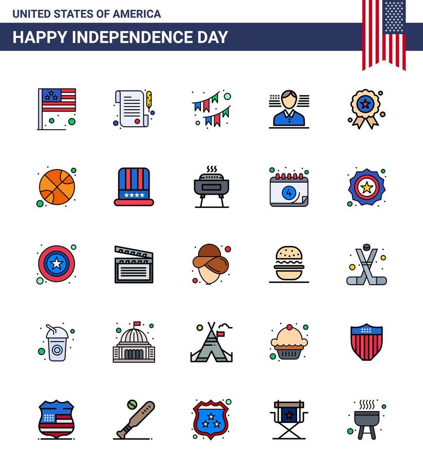 Editable Vector Flat Filled Line Pack of USA Day 25 Simple Flat Filled Lines of independence day holiday buntings flag man Editable USA Day Vector Design Elements