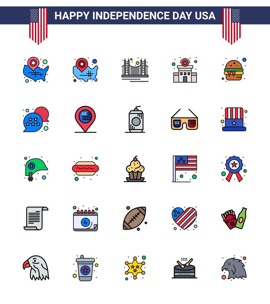 Happy Independence Day USA Pack of 25 Creative Flat Filled Lines of food burger landmark police sign police Editable USA Day Vector Design Elements