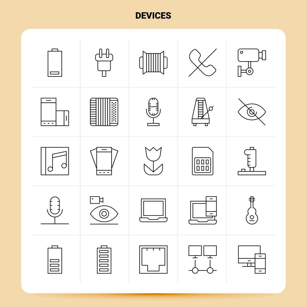 OutLine 25 Devices Icon set Vector Line Style Design Black Icons Set Linear pictogram pack Web and Mobile Business ideas design Vector Illustration