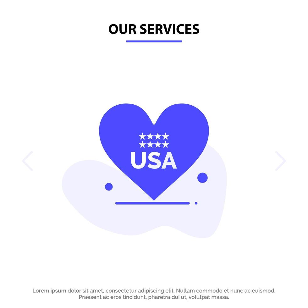 nuestros servicios corazón amor americano usa glifo sólido icono plantilla de tarjeta web vector
