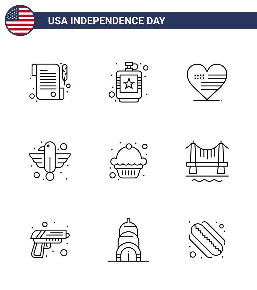 Pack of 9 USA Independence Day Celebration Lines Signs and 4th July Symbols such as cake eagle heart bird american Editable USA Day Vector Design Elements