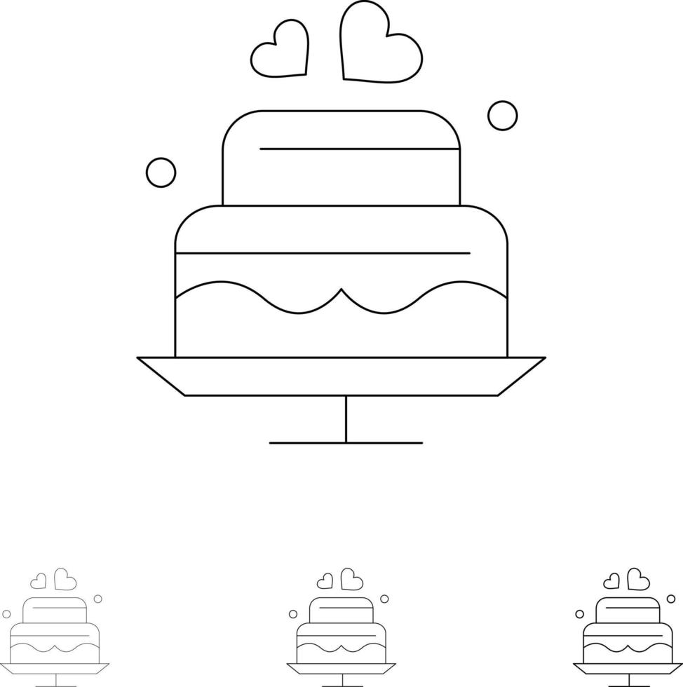 pastel amor corazón boda audaz y delgada línea negra conjunto de iconos vector