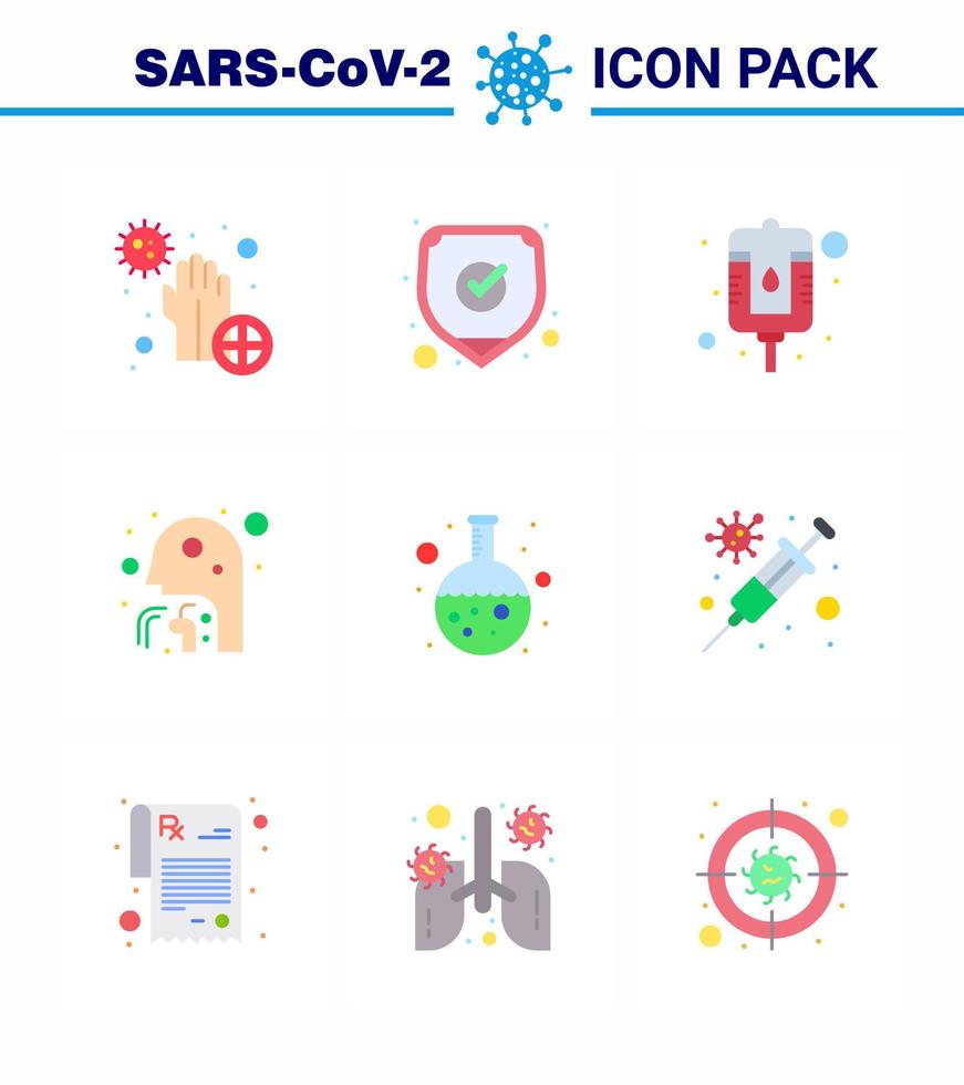 Corona virus disease 9 Flat Color icon pack suck as test people shield man cough viral coronavirus 2019nov disease Vector Design Elements