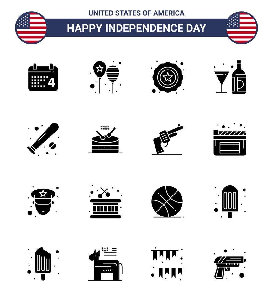 Happy Independence Day USA Pack of 16 Creative Solid Glyphs of ball bottle america flag american drink Editable USA Day Vector Design Elements