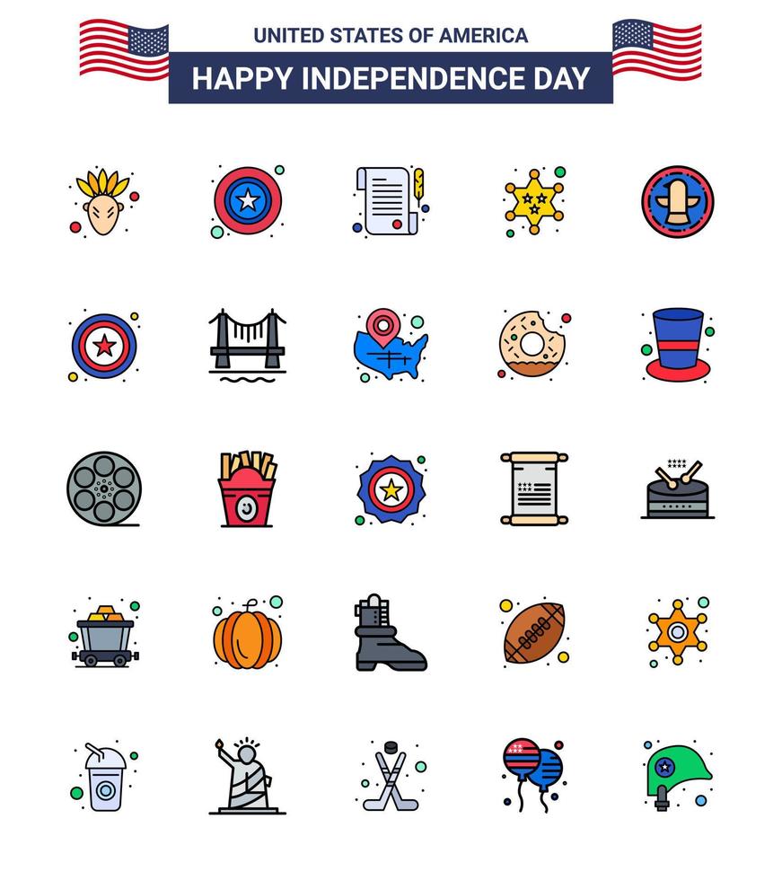 4th July USA Happy Independence Day Icon Symbols Group of 25 Modern Flat Filled Lines of eagle bird receipt american police Editable USA Day Vector Design Elements